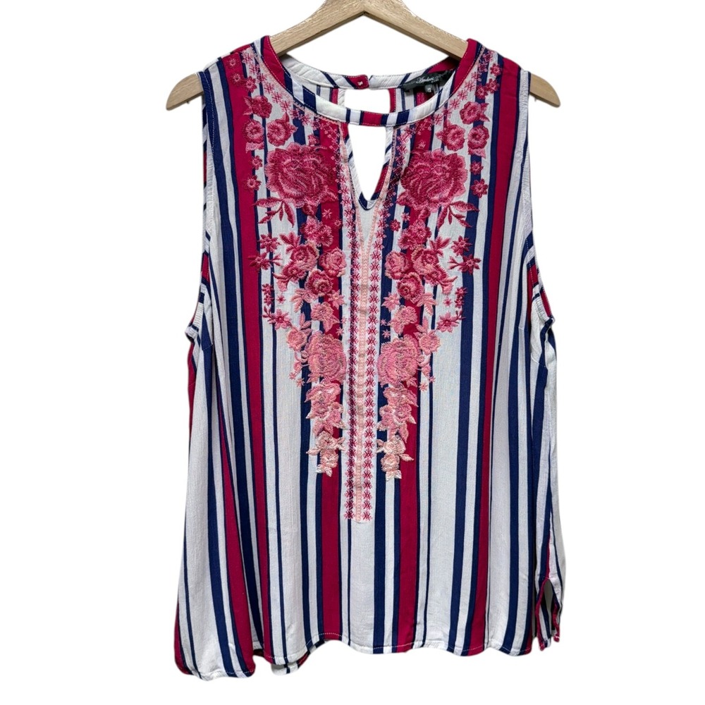 Andree by Unit‎ Boho Floral Embroidered Striped Top Women Sz 1X Boho Sleeveless